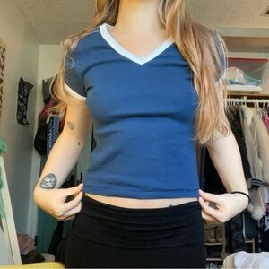 urban outfitters Women's Navy V-Neck Ringer Tee with White Trim